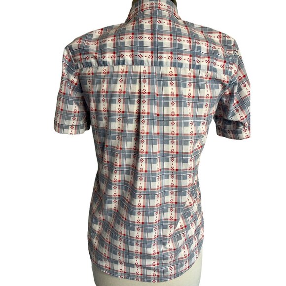 Adrian Delafield Blouse M Button Up short sleeve pocket plaid red whit blue - Picture 6 of 11
